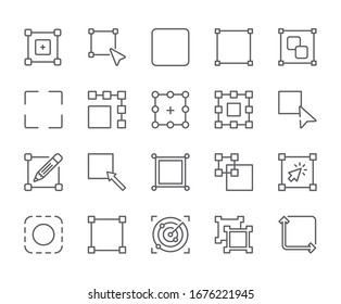 Conjunto de iconos de línea de vectores relacionados con el área. Incluye iconos como tamaño, zoom, cursor, selección y mucho más. - vector.