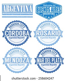 Set of Argentina cities stamps on white background, vector illustration