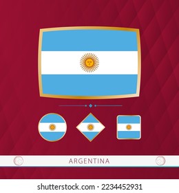 Set of Argentina flags with gold frame for use at sporting events on a burgundy abstract background. Vector collection of flags.