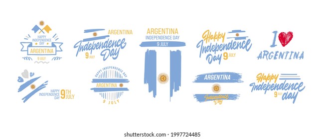 Set of Argentina happy independence day greeting card, banner with template text vector illustration. Argentinian memorial holiday 9th of July design element with flag with stripes and sun