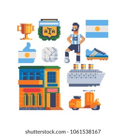 Set of Argentina national cultural symbols part 1 football attributes soccer player, ball and boots, national flag, house, liner, isolated illustration. Logo, sticker and mobile app design. Pixel art.