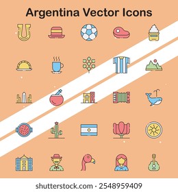 Set of Argentina vector icons representing cultural symbols and landmarks perfect for travel and tourism designs.