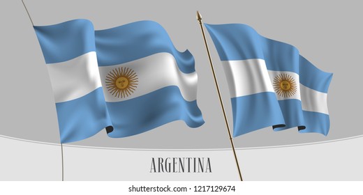 Set of Argentina waving flag on isolated background vector illustration. White, blue stripes of Argentine wavy realistic flag as a patriotic symbol 
