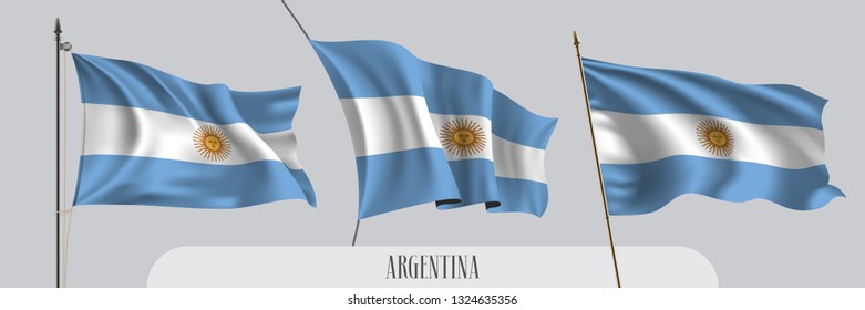 Set of Argentina waving flag on isolated background vector illustration. 3 blue and sun Argentinian wavy realistic flag as a patriotic symbol 