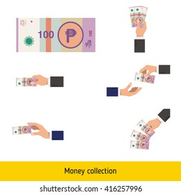 Set of argentinian peso. Holding, throwing argentinian peso. 