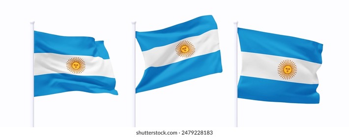 Set of Argentinian waving flag on flagpole. Realistic 3d design flag flies on the wind on isolated white background. vector illustration