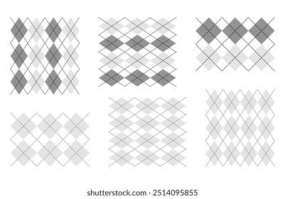Set of Argyle seamless pattern lace. Uniform print for Fashion accessory clothing technical illustration. Vector greyscale Black lines flat sketch outline isolated on white background