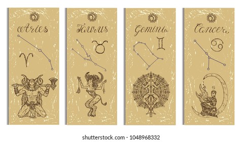 Set with Aries, Bull, Gemini and Cancer Zodiac symbols banners on texture. Hand drawn graphic illustration. Template background, suitable for print, card, poster, bookmark