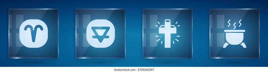 Set Aries zodiac, Earth element, Christian cross and Witch cauldron. Square glass panels. Vector