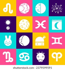 Set Aries zodiac, Gemini, Moon phases calendar, Eclipse of the sun, Solstice, Leo and Pisces icon. Vector