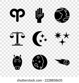 Set Aries zodiac, Palmistry of the hand, Planet Mercury, Horse, Eclipse sun, Comet falling down fast, Libra and Moon stars icon. Vector