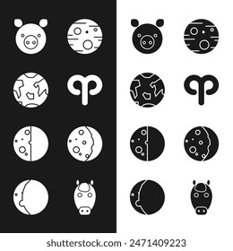 Set Aries zodiac, Planet Earth, Pig, Mars, Eclipse of the sun, Horse and  icon. Vector