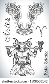 Set with Aries zodiac sign and mascot drawing. Collection of astrological symbols in baroque victorian style and characters. Vector hand drawn illustration for Horoscope, Esoteric and Mystic design