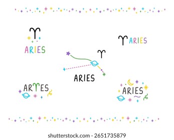 Set of Aries zodiac sings. Colorful cartoon constellations and lettering sings. Hand drawn felt-tip pen talisman tattoo, logo, sticker. Isolated element.