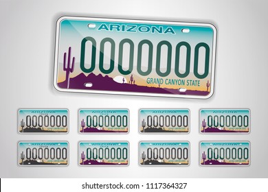 Set Arizona auto license plate. Detailed object. Flat vector illustration.