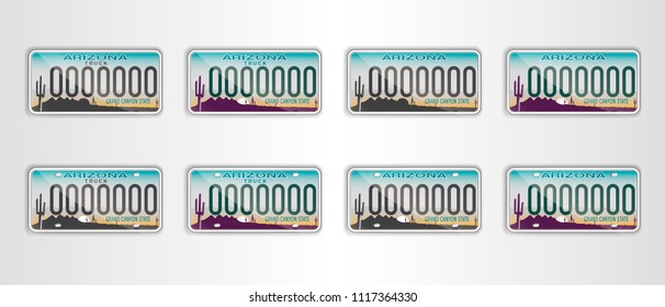 Set Arizona auto license plate. Detailed object. Flat vector illustration.