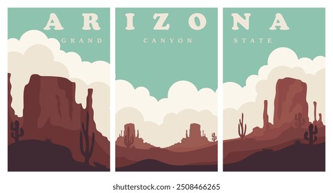 set of arizona desert  vintage poster vector illustration design, picture of desert landscape poster background illustration design  