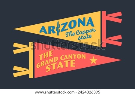 Set of Arizona pennants. Vintage retro graphic flag, pennant, star, sign, symbols of USA. The Grand Canyon State.