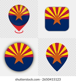 Set of Arizona State Flag Icons and Map Pins.