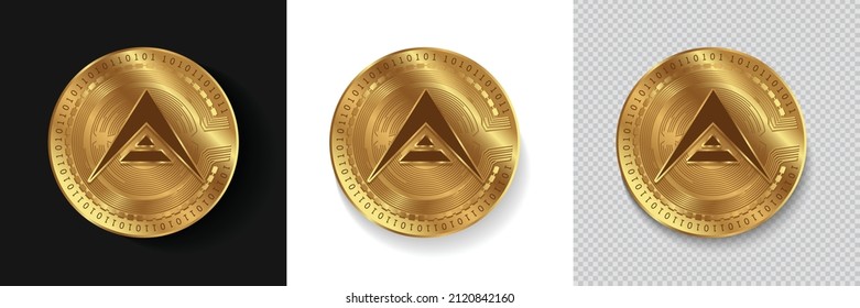 Conjunto de símbolos de logotipo de moneda criptográfica ARK aislado en fondo blanco, oscuro y transparente. Puede utilizarse como pegatina de moneda dorada, icono, etiqueta, placa, diseño de impresión y emblema