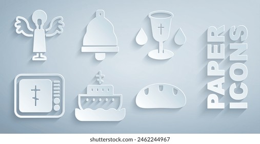 Set Ark of noah, Christian chalice, Online church pastor preaching, Bread loaf, Church bell and Angel icon. Vector