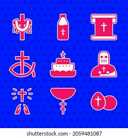 Set Ark of noah, Christian cross on chain, Easter egg, Knight crusader, Hands praying position, fish, Flag with christian and  icon. Vector