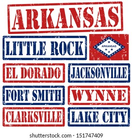 Set of Arkansas cities stamps on white background, vector illustration