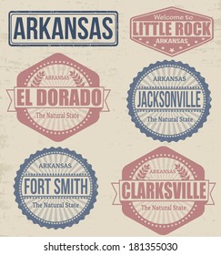 Set of Arkansas cities stamps on vintage background, vector illustration