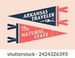 Set of Arkansas pennants. Vintage retro graphic flag, pennant, star, sign, symbols of USA. The Natural State.