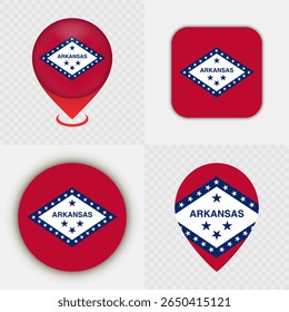Set of Arkansas State Flag Icons and Map Pins.