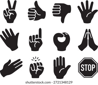 Conjunto de siluetas de gestos de brazo, aisladas sobre un fondo blanco, perfectas para la comunicación, expresiones, lenguaje corporal, iconos y proyectos de diseño.