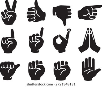Conjunto de siluetas de gestos de brazo, aisladas sobre un fondo blanco, perfectas para la comunicación, expresiones, lenguaje corporal, iconos y proyectos de diseño.