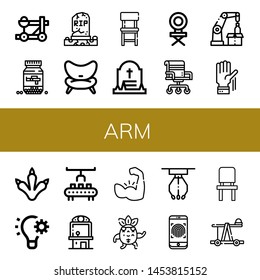 Set of arm icons such as Catapult, Ammo, Grave, Chair, Robotic arm, Raise hand, Claws, Automation, Robot arm, Claw machine, Muscle, Strong, Fingerprint ,