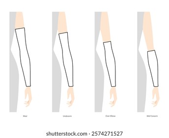 Set of arm sleeves Gloves Fashion hand accessory clothing technical illustration garment. Vector front side back view for Men, women, unisex style flat template CAD mockup sketch on white background