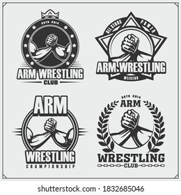 Set of arm wrestling club emblems, labels, badges and design elements. Print design for t-shirts.