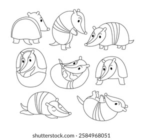 Set of Armadillo doodle collection, flamingo outline coloring page book animals for kindergarten,Vector line art set of animals wildlife,Hand drawn, Minimal Armadillo line art doodle in different pose