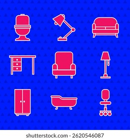 Set Armchair, Bathtub, Office, Floor lamp, Wardrobe, desk, Sofa and Toilet bowl icon. Vector
