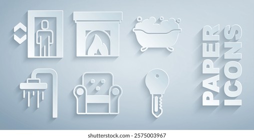 Set Armchair, Bathtub, Shower, Hotel door lock key, Interior fireplace and Lift icon. Vector