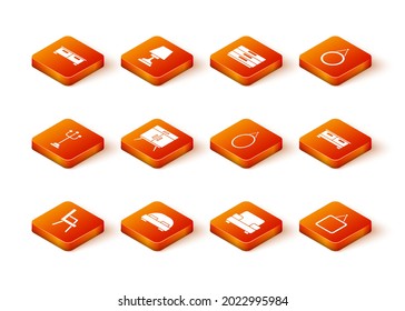 Set Armchair, Big bed, Coat stand, Chest of drawers, Mirror,  and  icon. Vector