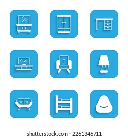 Set Armchair, Bunk bed, Pouf, Table lamp, Sofa, TV table stand, Office desk and Dressing icon. Vector