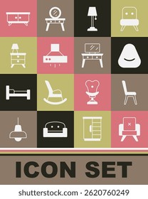 Set Armchair, Chair, Pouf, Floor lamp, Kitchen extractor fan, Nightstand with, Furniture nightstand and Dressing table icon. Vector