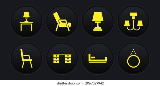 Set Armchair, Chandelier, Office desk, Bed, Table lamp, Mirror and on table icon. Vector