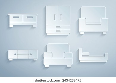 Set Armchair, Chest of drawers, Bed, Wardrobe and  icon. Vector