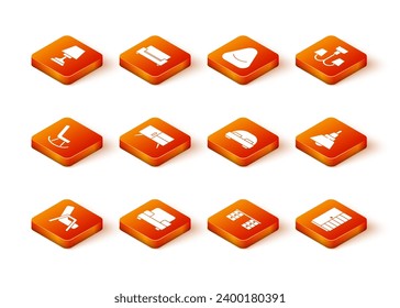 Set Armchair, Chest of drawers, Office desk, Big bed, Wardrobe and Chandelier icon. Vector