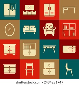 Set Armchair, Chest of drawers, Shelf with books, Wardrobe, Sofa, Mirror,  and  icon. Vector