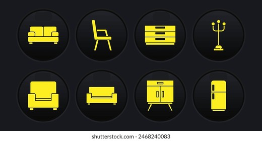 Set Sillón, Soporte de abrigo, Sofá, Cajones para el pecho, Frigorífico e icono. Vector
