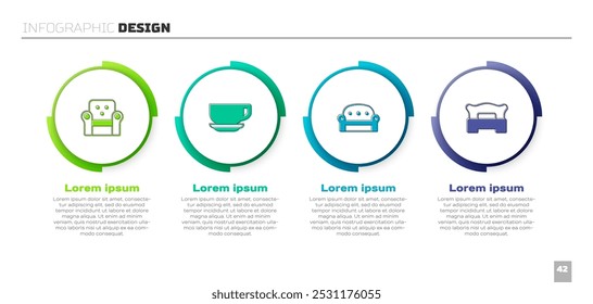 Set Armchair, Coffee cup, Sofa and Bedroom. Business infographic template. Vector