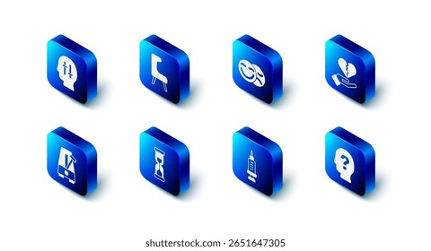 Set Armchair, Comedy and tragedy masks, Broken heart or divorce, Head with question mark, Addiction to the drug, Old hourglass, Metronome pendulum and Solution problem icon. Vector