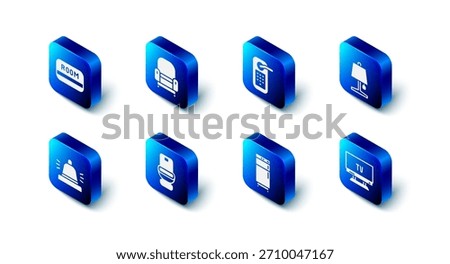 Set Armchair, Digital door lock, Table lamp, Smart Tv, Refrigerator, Toilet bowl, Hotel service bell and key card icon. Vector