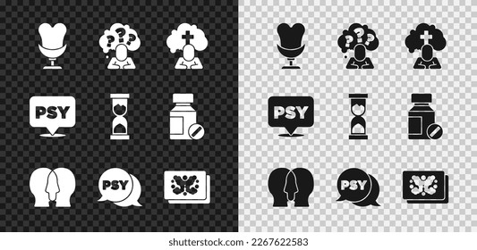 Set Armchair, Head with question mark, Man graves funeral sorrow, Bipolar disorder, Psychology, Psi, Rorschach test,  and Old hourglass icon. Vector